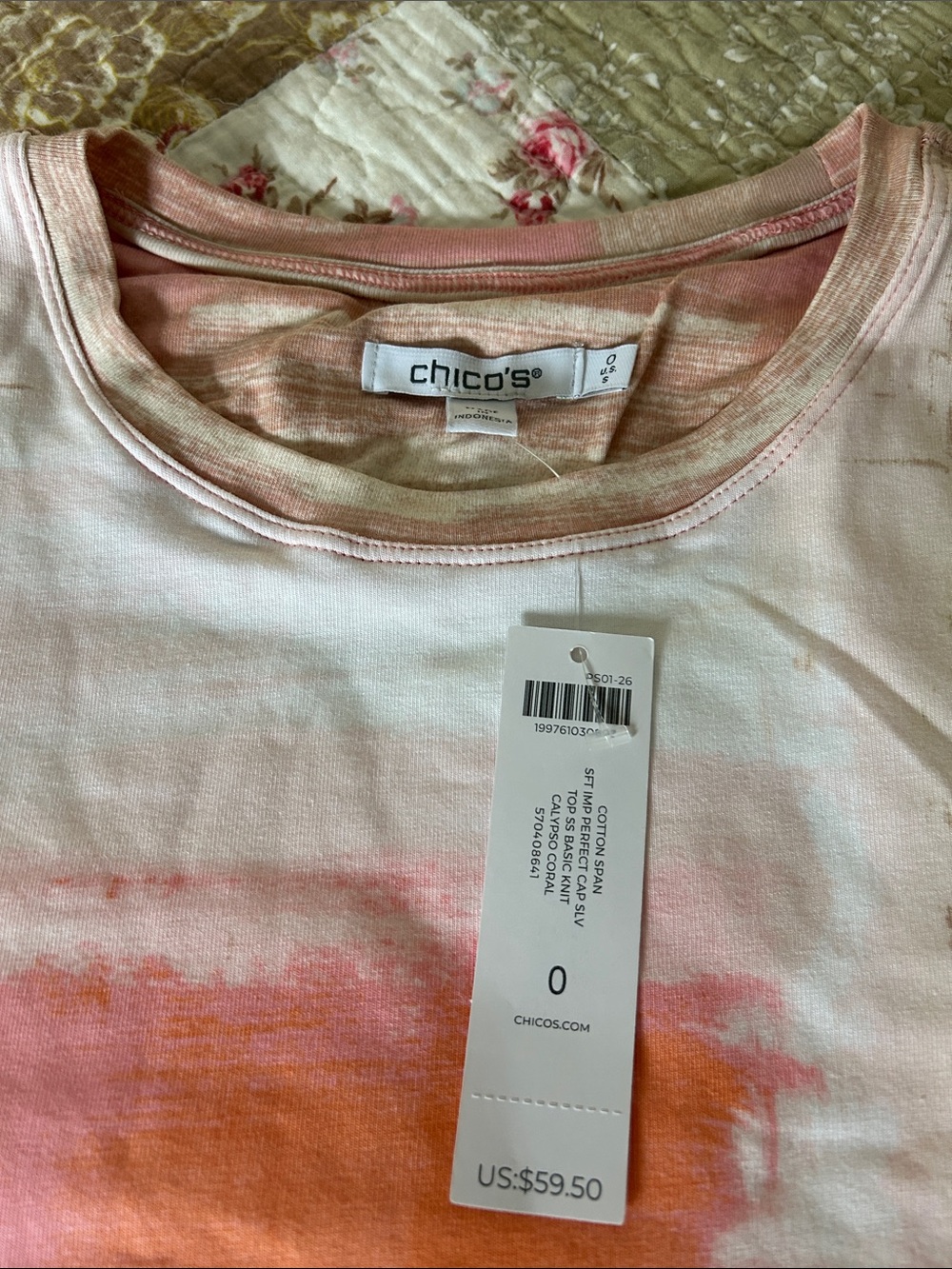 Chico's Short-Sleeve Brushstroke Tee in Pink, Orange & Cream NWT - Picture 4 of 7